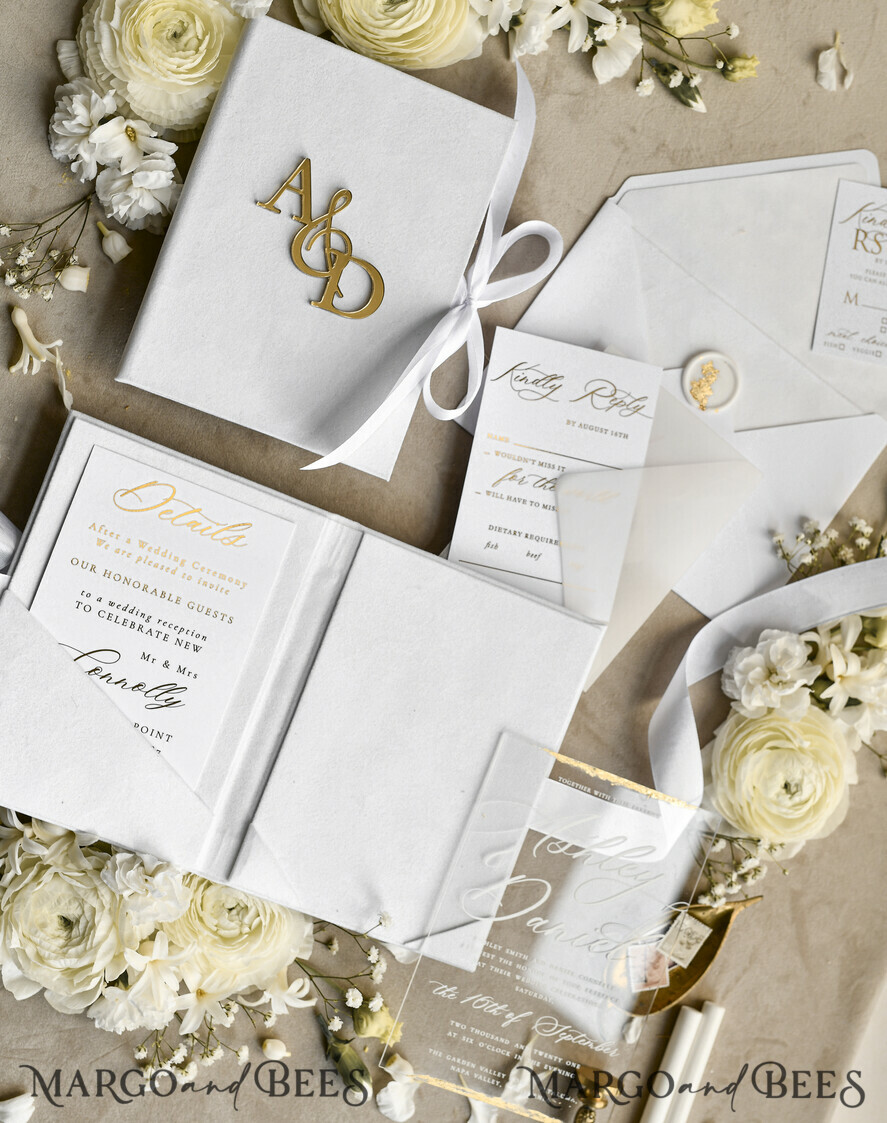 WEDDING INVITATIONS plexi acrylic mirror velvet Cover Clear Wedding Invitations, Elegant Ivory Wedding Cards,  Acrylic Wedding Invites, Mirror Gold Plexi Invitation Suite
