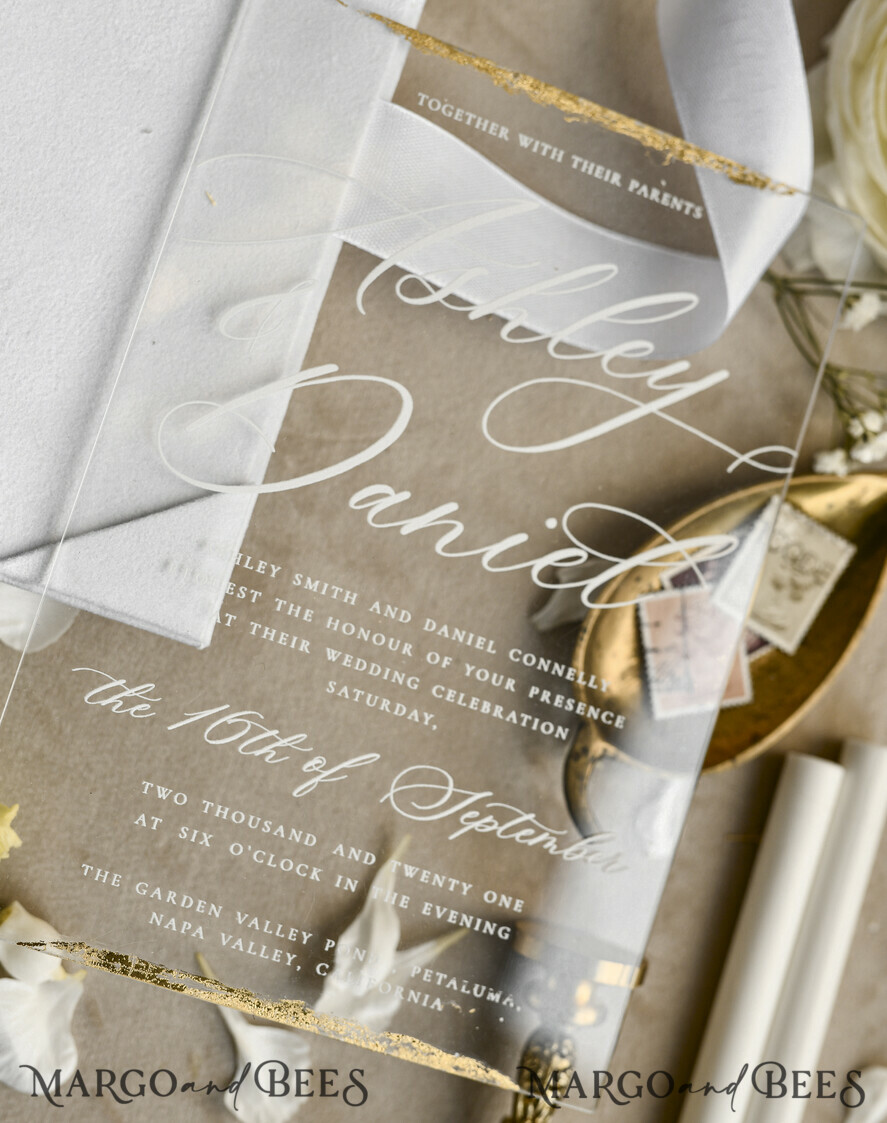WEDDING INVITATIONS plexi acrylic mirror velvet Cover Clear Wedding Invitations, Elegant Ivory Wedding Cards,  Acrylic Wedding Invites, Mirror Gold Plexi Invitation Suite