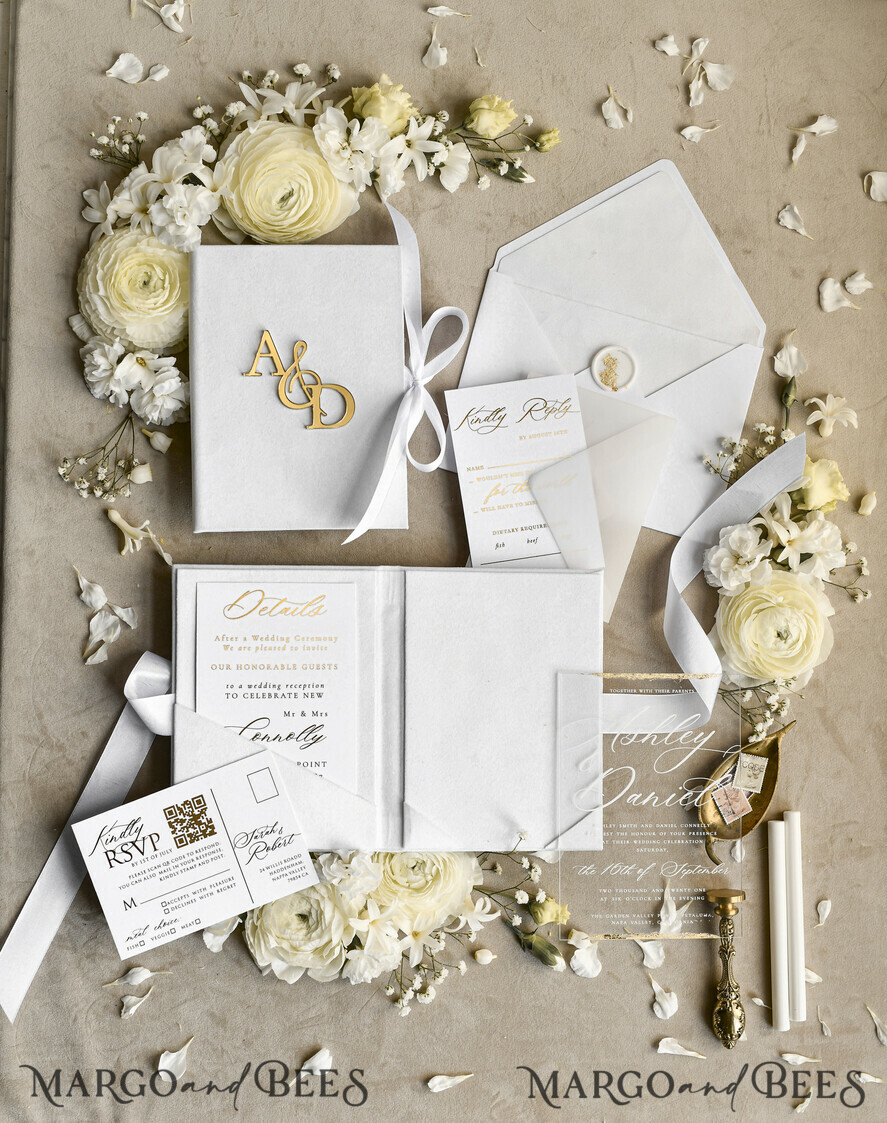 WEDDING INVITATIONS plexi acrylic mirror velvet Cover Clear Wedding Invitations, Elegant Ivory Wedding Cards,  Acrylic Wedding Invites, Mirror Gold Plexi Invitation Suite