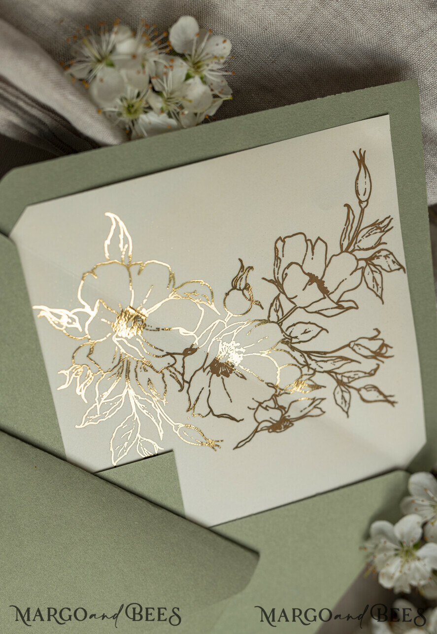HOCHZEITS EINLADUNGEN 3-fach gefaltete Hochzeitseinladungen 3-fach Luxus Salbeigrüne Spiegelgold Hochzeitseinladungen, Elegante Gartenhochzeit Karten, Glamour Acryl Monogramm Hochzeitseinladungen, Spiegel Plexi florale Hochzeitseinladung Suite