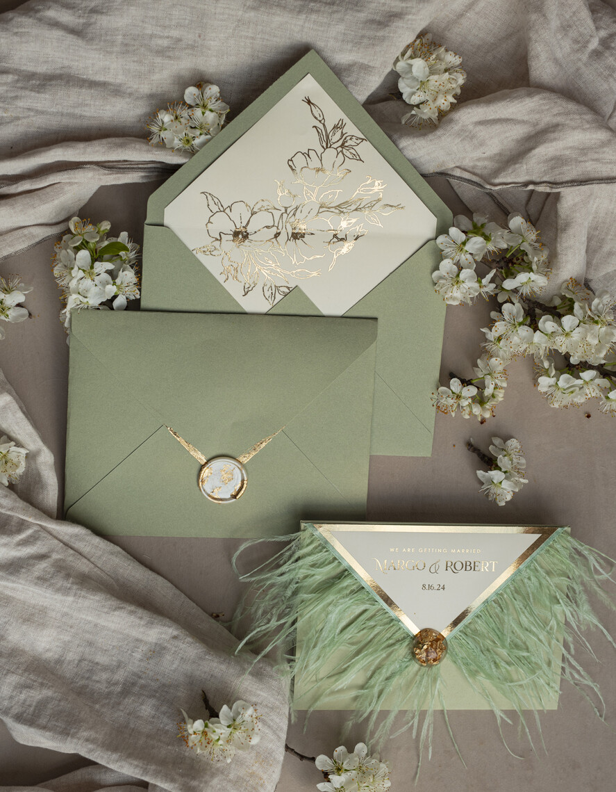 HOCHZEITS EINLADUNGEN 3-fach gefaltete Hochzeitseinladungen 3-fach Luxus Salbeigrüne Spiegelgold Hochzeitseinladungen, Elegante Gartenhochzeit Karten, Glamour Acryl Monogramm Hochzeitseinladungen, Spiegel Plexi florale Hochzeitseinladung Suite