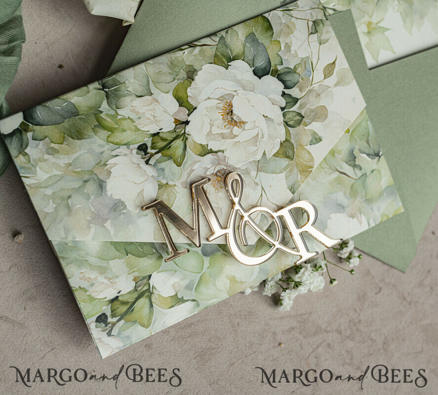 WEDDING INVITATIONS 3 fold wedding invitations  3 fold Luxury sage green Mirror gold Wedding Invitations, Elegant garden Wedding Cards, Glamour Acrylic Monogram Wedding Invites, Mirror Plexi floral Wedding Invitation Suite