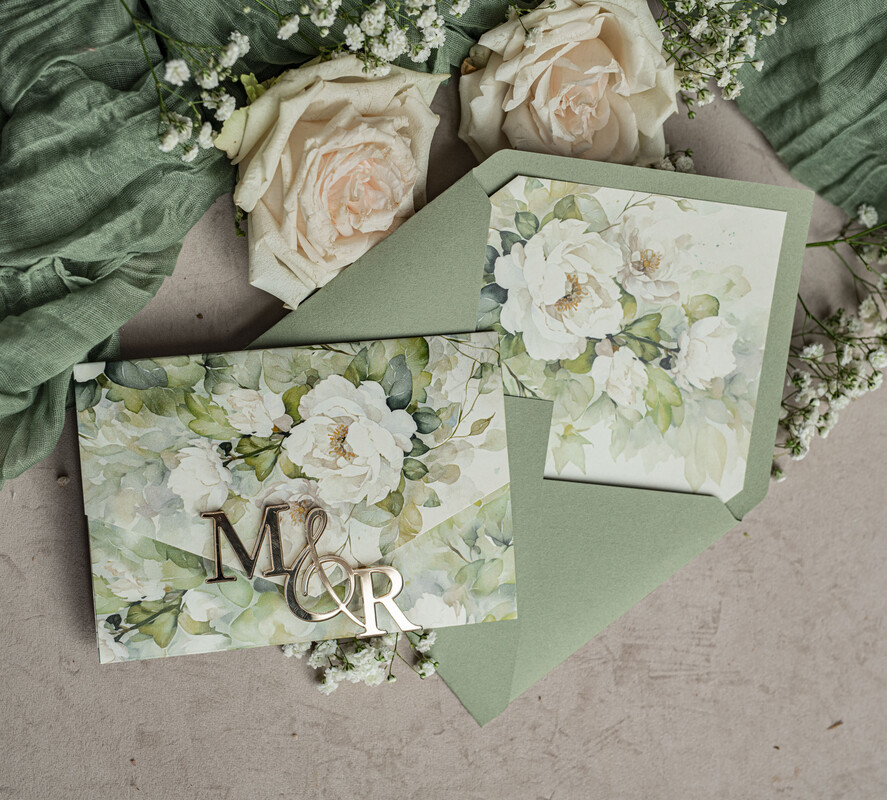 WEDDING INVITATIONS 3 fold wedding invitations  3 fold Luxury sage green Mirror gold Wedding Invitations, Elegant garden Wedding Cards, Glamour Acrylic Monogram Wedding Invites, Mirror Plexi floral Wedding Invitation Suite