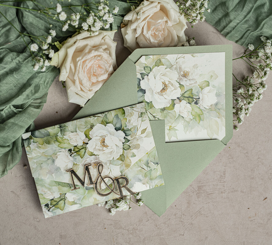 WEDDING INVITATIONS 3 fold wedding invitations  3 fold Luxury sage green Mirror gold Wedding Invitations, Elegant garden Wedding Cards, Glamour Acrylic Monogram Wedding Invites, Mirror Plexi floral Wedding Invitation Suite