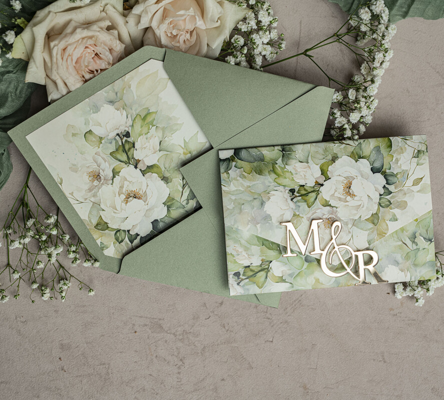 WEDDING INVITATIONS 3 fold wedding invitations  3 fold Luxury sage green Mirror gold Wedding Invitations, Elegant garden Wedding Cards, Glamour Acrylic Monogram Wedding Invites, Mirror Plexi floral Wedding Invitation Suite