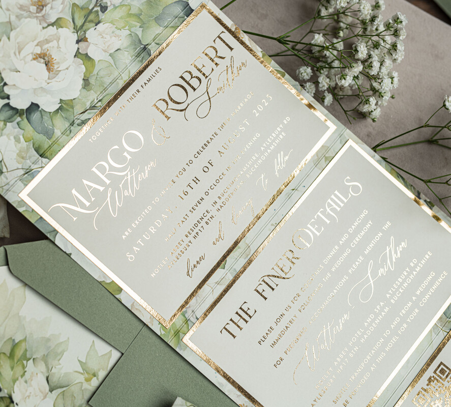WEDDING INVITATIONS 3 fold wedding invitations  3 fold Luxury sage green Mirror gold Wedding Invitations, Elegant garden Wedding Cards, Glamour Acrylic Monogram Wedding Invites, Mirror Plexi floral Wedding Invitation Suite
