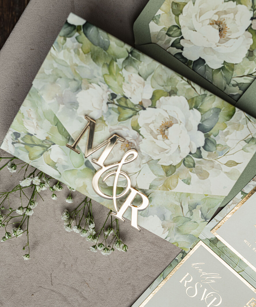 WEDDING INVITATIONS 3 fold wedding invitations  3 fold Luxury sage green Mirror gold Wedding Invitations, Elegant garden Wedding Cards, Glamour Acrylic Monogram Wedding Invites, Mirror Plexi floral Wedding Invitation Suite