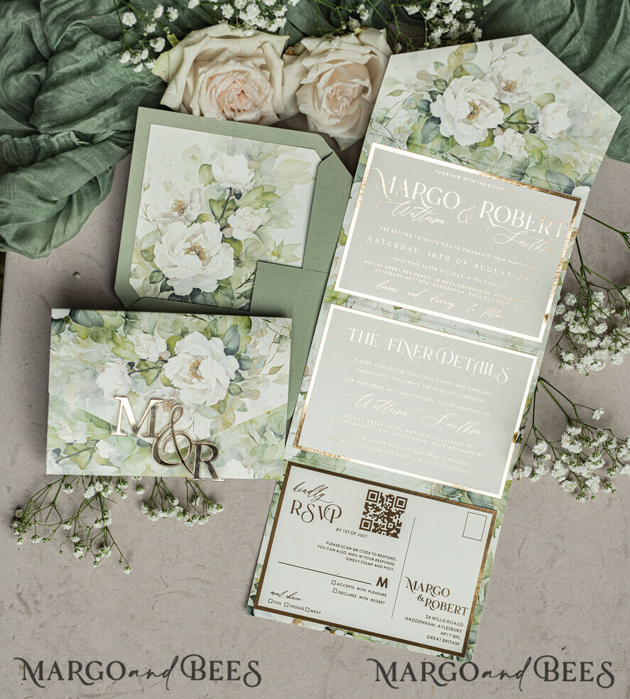WEDDING INVITATIONS 3 fold wedding invitations  3 fold Luxury sage green Mirror gold Wedding Invitations, Elegant garden Wedding Cards, Glamour Acrylic Monogram Wedding Invites, Mirror Plexi floral Wedding Invitation Suite