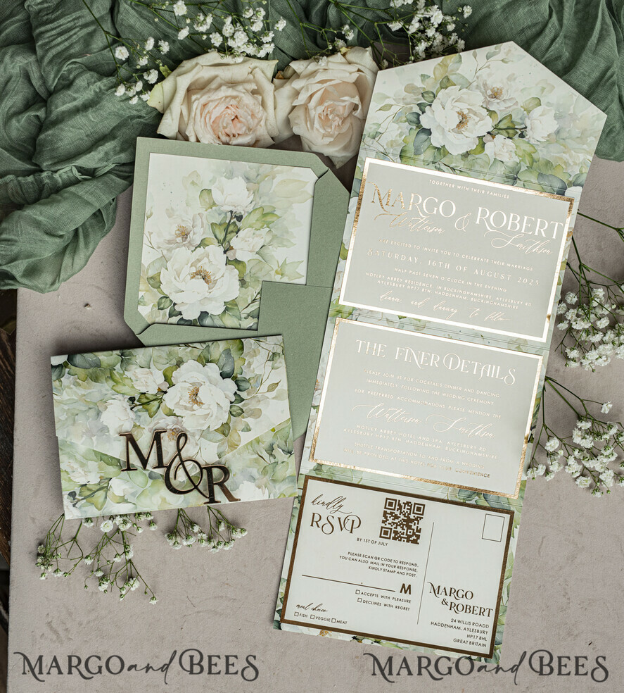 WEDDING INVITATIONS 3 fold wedding invitations  3 fold Luxury sage green Mirror gold Wedding Invitations, Elegant garden Wedding Cards, Glamour Acrylic Monogram Wedding Invites, Mirror Plexi floral Wedding Invitation Suite