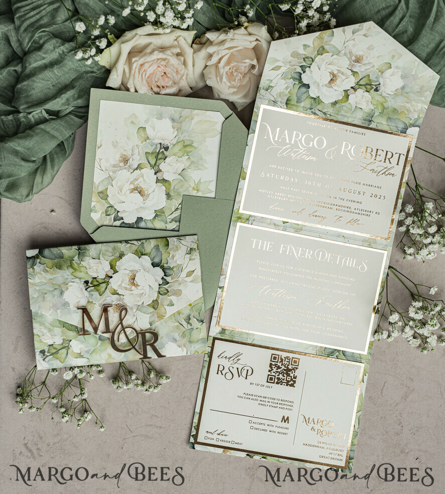 WEDDING INVITATIONS 3 fold wedding invitations  3 fold Luxury sage green Mirror gold Wedding Invitations, Elegant garden Wedding Cards, Glamour Acrylic Monogram Wedding Invites, Mirror Plexi floral Wedding Invitation Suite