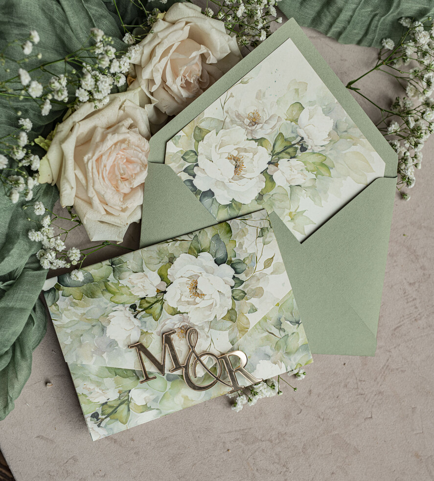 WEDDING INVITATIONS 3 fold wedding invitations  3 fold Luxury sage green Mirror gold Wedding Invitations, Elegant garden Wedding Cards, Glamour Acrylic Monogram Wedding Invites, Mirror Plexi floral Wedding Invitation Suite