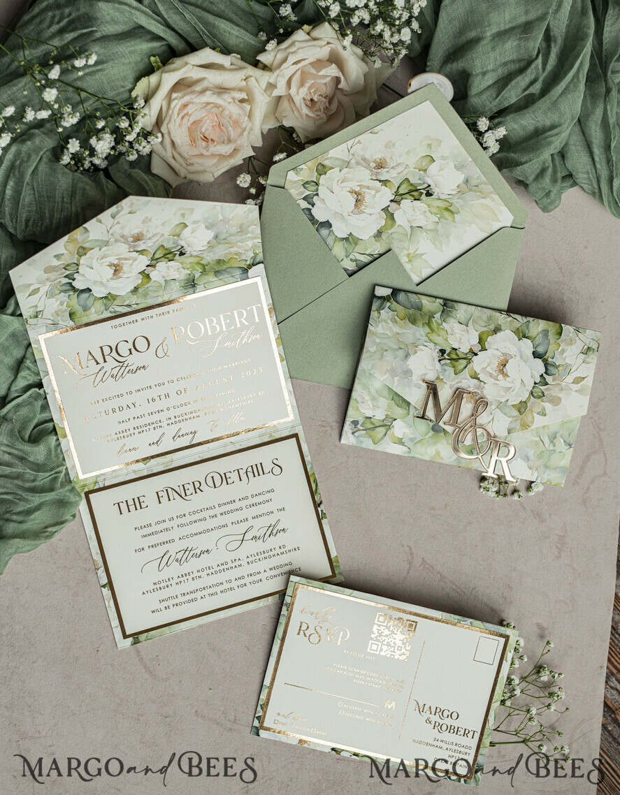 WEDDING INVITATIONS 3 fold wedding invitations  3 fold Luxury sage green Mirror gold Wedding Invitations, Elegant garden Wedding Cards, Glamour Acrylic Monogram Wedding Invites, Mirror Plexi floral Wedding Invitation Suite