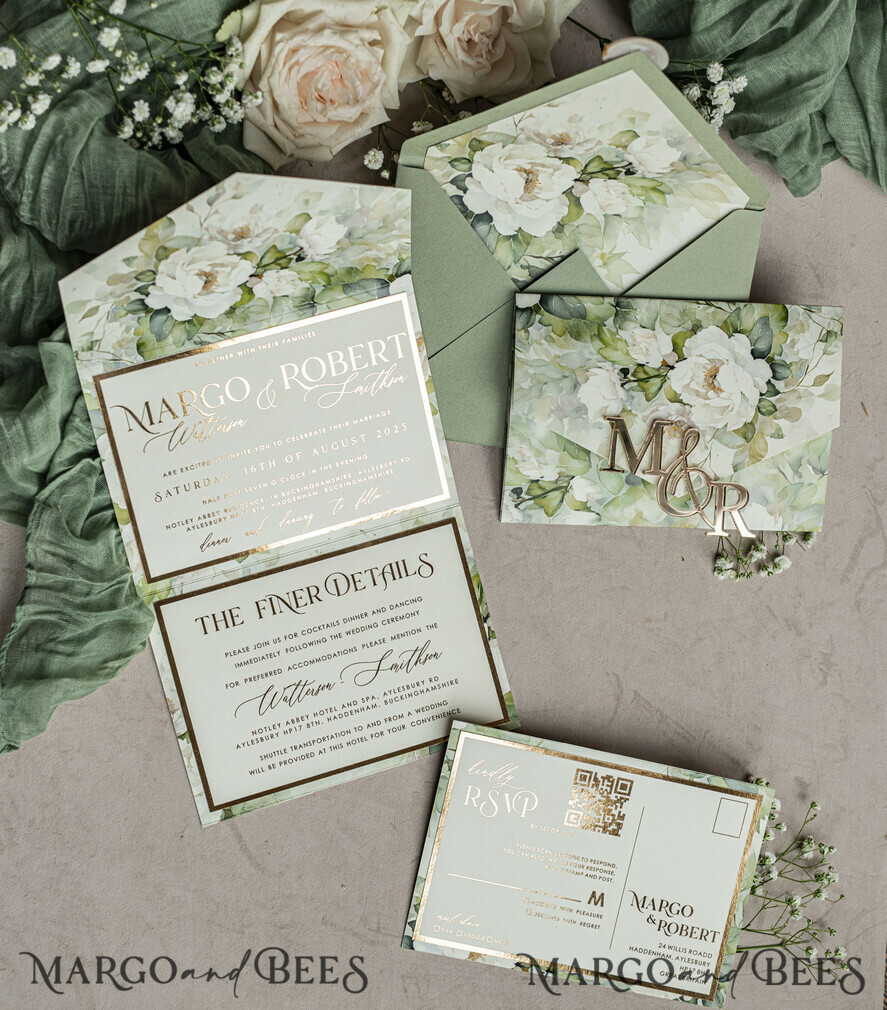 WEDDING INVITATIONS 3 fold wedding invitations  3 fold Luxury sage green Mirror gold Wedding Invitations, Elegant garden Wedding Cards, Glamour Acrylic Monogram Wedding Invites, Mirror Plexi floral Wedding Invitation Suite