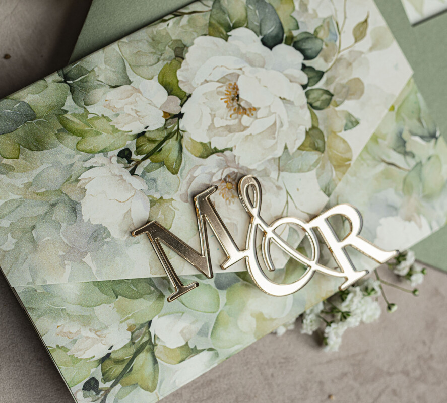 WEDDING INVITATIONS 3 fold wedding invitations  3 fold Luxury sage green Mirror gold Wedding Invitations, Elegant garden Wedding Cards, Glamour Acrylic Monogram Wedding Invites, Mirror Plexi floral Wedding Invitation Suite