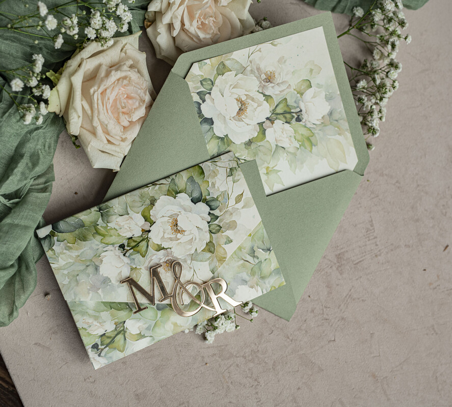 WEDDING INVITATIONS 3 fold wedding invitations  3 fold Luxury sage green Mirror gold Wedding Invitations, Elegant garden Wedding Cards, Glamour Acrylic Monogram Wedding Invites, Mirror Plexi floral Wedding Invitation Suite