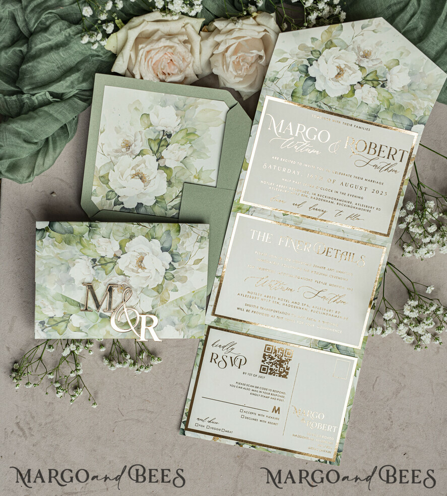 WEDDING INVITATIONS 3 fold wedding invitations  3 fold Luxury sage green Mirror gold Wedding Invitations, Elegant garden Wedding Cards, Glamour Acrylic Monogram Wedding Invites, Mirror Plexi floral Wedding Invitation Suite