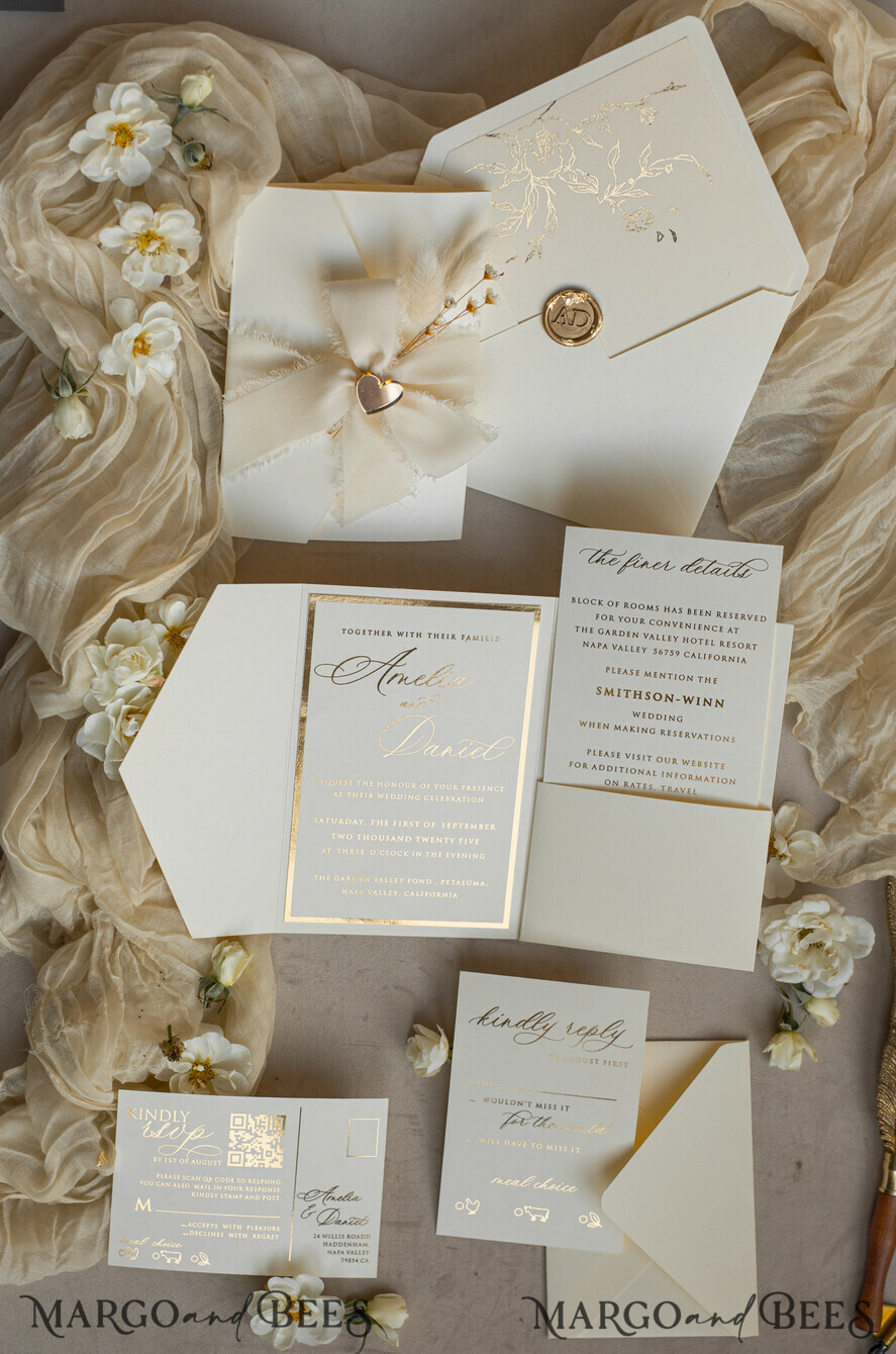WEDDING INVITATIONS whimsical boho invites Folder Ivory Gold Wedding Invitation with chiffon torn bow and natural dried flowers , Golden Elegant Roses Floral Wedding Invitation with golden mirror heart