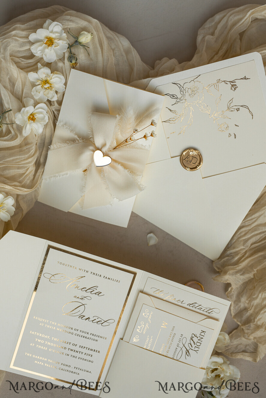 WEDDING INVITATIONS whimsical boho invites Folder Ivory Gold Wedding Invitation with chiffon torn bow and natural dried flowers , Golden Elegant Roses Floral Wedding Invitation with golden mirror heart