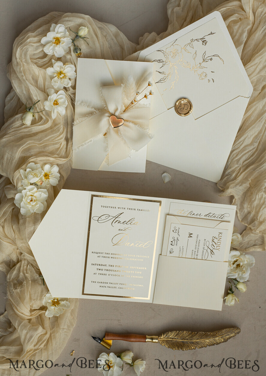 WEDDING INVITATIONS whimsical boho invites Folder Ivory Gold Wedding Invitation with chiffon torn bow and natural dried flowers , Golden Elegant Roses Floral Wedding Invitation with golden mirror heart
