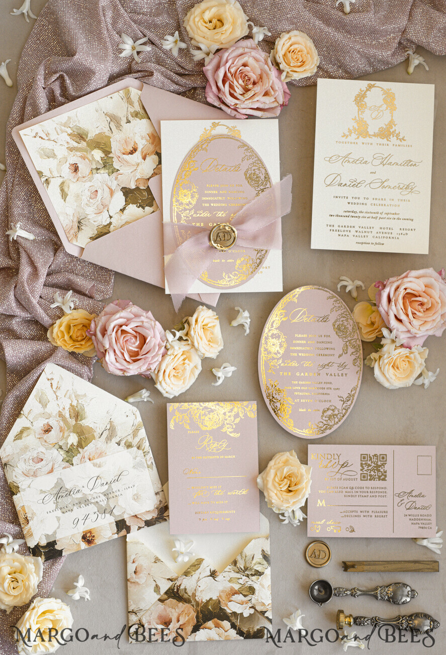WEDDING INVITATIONS Vintage Baroque Vintage Baroque Wedding Invitation suite  Beige Golden Fine art Roses Wedding Invitations with rsvp Victorian wedding crest Chinoiserie Invites Royal Ornamental frame