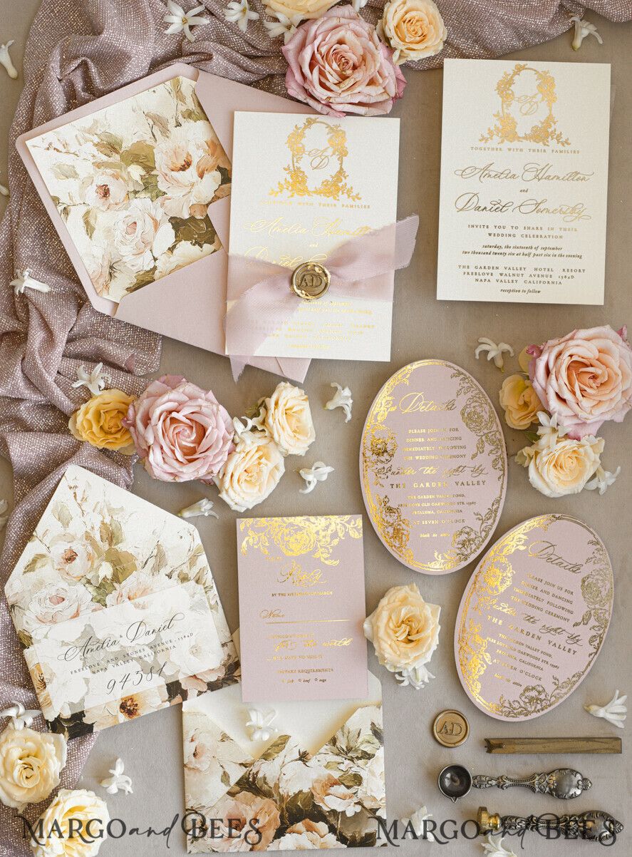 WEDDING INVITATIONS Vintage Baroque Vintage Baroque Wedding Invitation suite  Beige Golden Fine art Roses Wedding Invitations with rsvp Victorian wedding crest Chinoiserie Invites Royal Ornamental frame