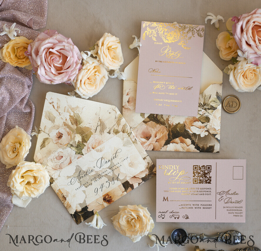 WEDDING INVITATIONS Vintage Baroque Vintage Baroque Wedding Invitation suite  Beige Golden Fine art Roses Wedding Invitations with rsvp Victorian wedding crest Chinoiserie Invites Royal Ornamental frame