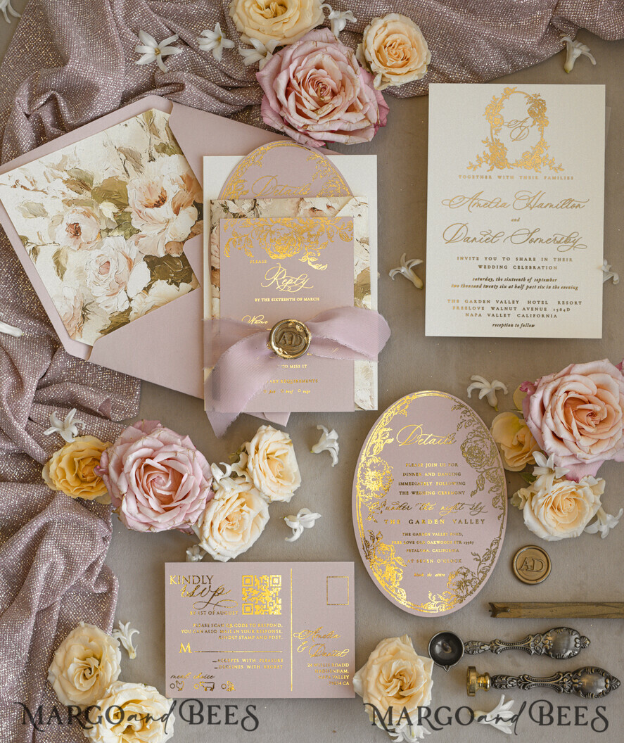 WEDDING INVITATIONS Vintage Baroque Vintage Baroque Wedding Invitation suite  Beige Golden Fine art Roses Wedding Invitations with rsvp Victorian wedding crest Chinoiserie Invites Royal Ornamental frame