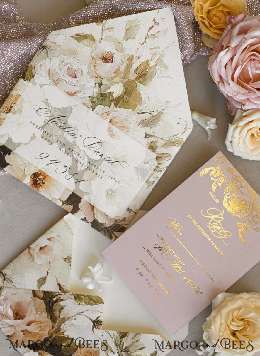 WEDDING INVITATIONS Vintage Baroque Vintage Baroque Wedding Invitation suite  Beige Golden Fine art Roses Wedding Invitations with rsvp Victorian wedding crest Chinoiserie Invites Royal Ornamental frame