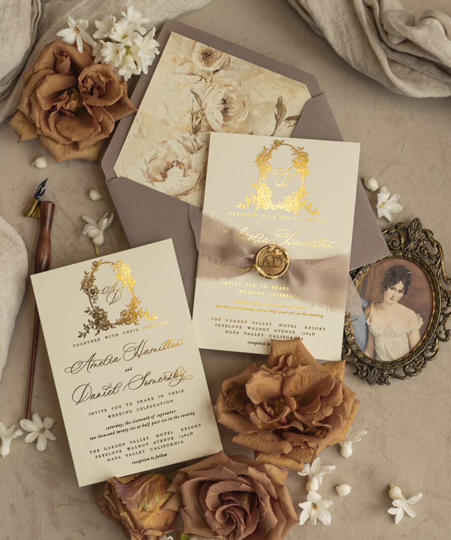 WEDDING INVITATIONS Vintage Baroque Vintage Baroque Wedding Invitation suite  Beige Golden Fine art Roses Wedding Invitations with rsvp Victorian wedding crest Chinoiserie Invites Royal Ornamental frame