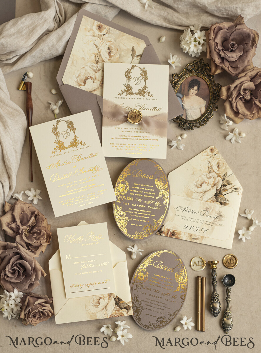 WEDDING INVITATIONS Vintage Baroque Vintage Baroque Wedding Invitation suite  Beige Golden Fine art Roses Wedding Invitations with rsvp Victorian wedding crest Chinoiserie Invites Royal Ornamental frame