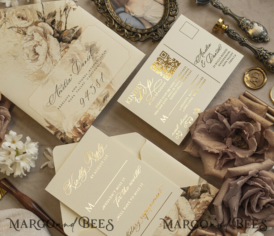 WEDDING INVITATIONS Vintage Baroque Vintage Baroque Wedding Invitation suite  Beige Golden Fine art Roses Wedding Invitations with rsvp Victorian wedding crest Chinoiserie Invites Royal Ornamental frame