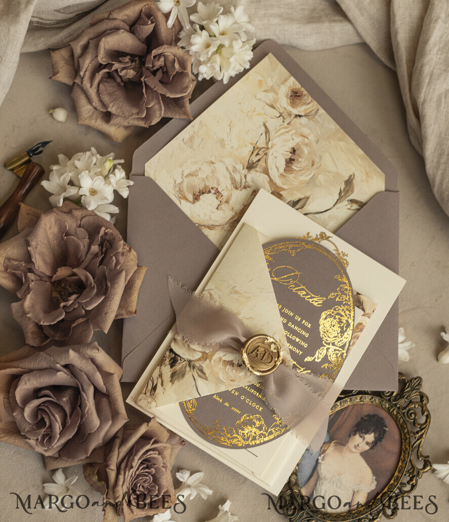 WEDDING INVITATIONS Vintage Baroque Vintage Baroque Wedding Invitation suite  Beige Golden Fine art Roses Wedding Invitations with rsvp Victorian wedding crest Chinoiserie Invites Royal Ornamental frame