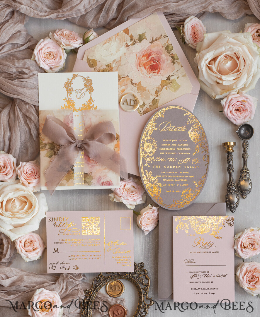 WEDDING INVITATIONS Vintage Baroque Vintage Baroque Wedding Invitation suite  Beige Golden Fine art Roses Wedding Invitations with rsvp Victorian wedding crest Chinoiserie Invites Royal Ornamental frame