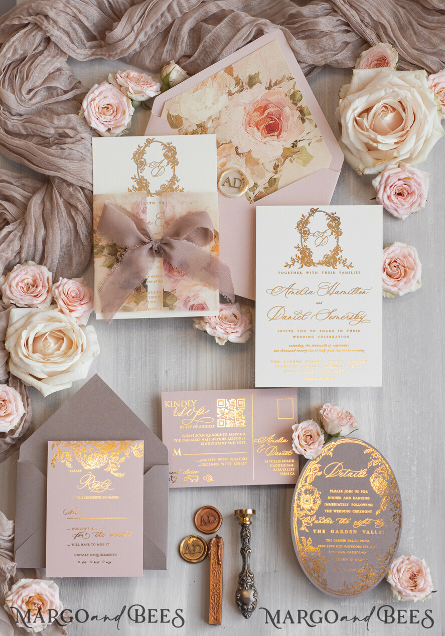 WEDDING INVITATIONS Vintage Baroque Vintage Baroque Wedding Invitation suite  Beige Golden Fine art Roses Wedding Invitations with rsvp Victorian wedding crest Chinoiserie Invites Royal Ornamental frame