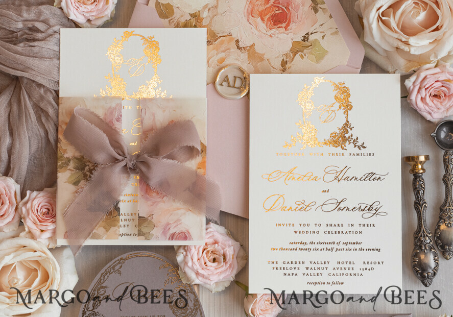 WEDDING INVITATIONS Vintage Baroque Vintage Baroque Wedding Invitation suite  Beige Golden Fine art Roses Wedding Invitations with rsvp Victorian wedding crest Chinoiserie Invites Royal Ornamental frame