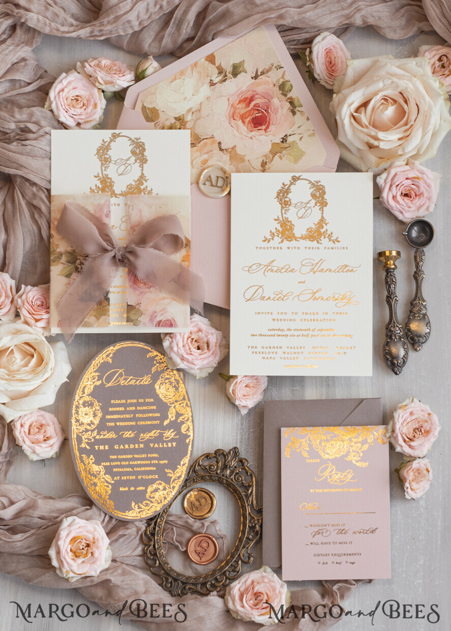 WEDDING INVITATIONS Vintage Baroque Vintage Baroque Wedding Invitation suite  Beige Golden Fine art Roses Wedding Invitations with rsvp Victorian wedding crest Chinoiserie Invites Royal Ornamental frame