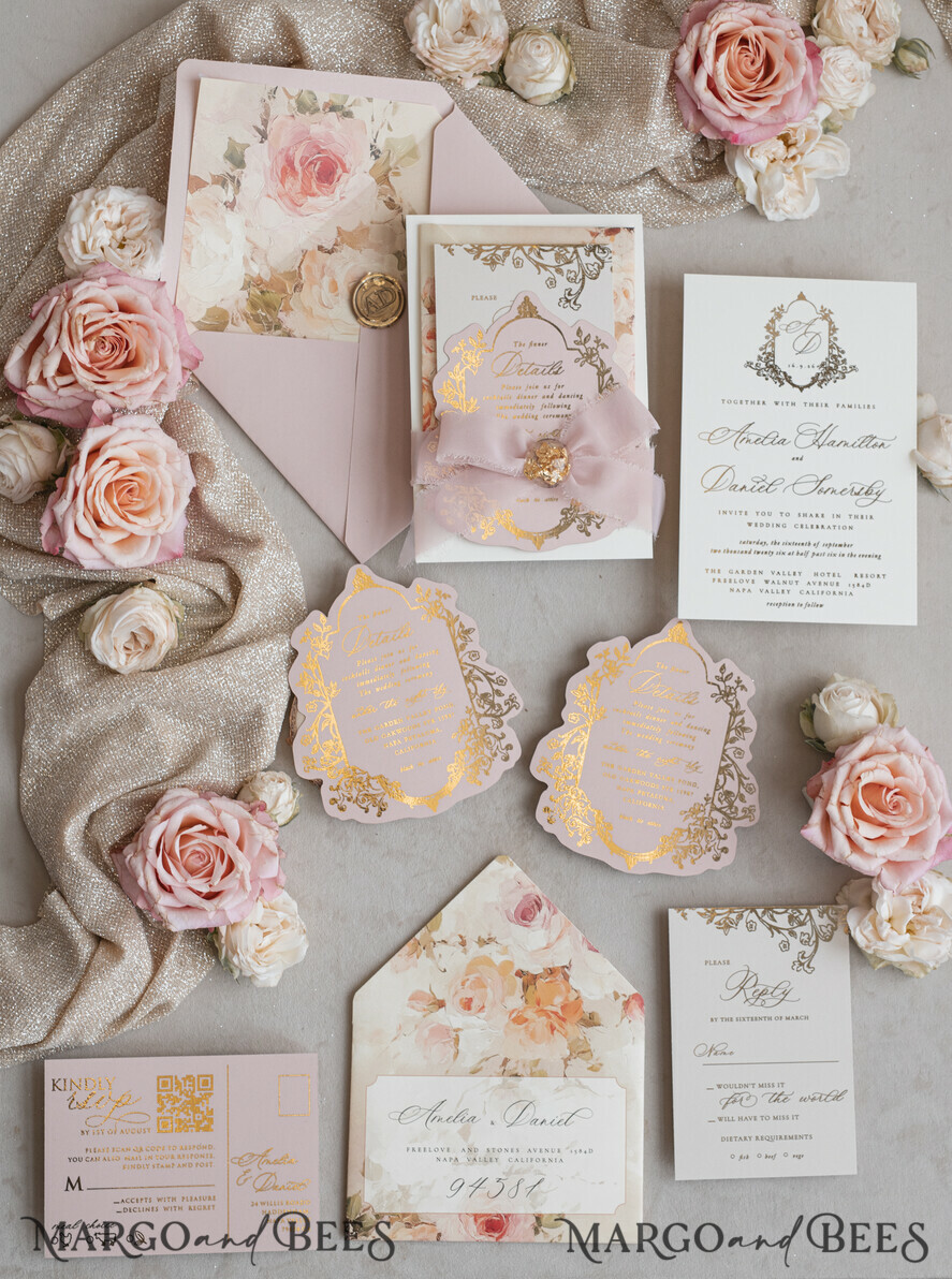 WEDDING INVITATIONS Vintage Baroque Vintage Baroque Wedding Invitation suite  Beige Golden Fine art Roses Wedding Invitations with rsvp Victorian wedding crest Chinoiserie Invites Royal Ornamental frame