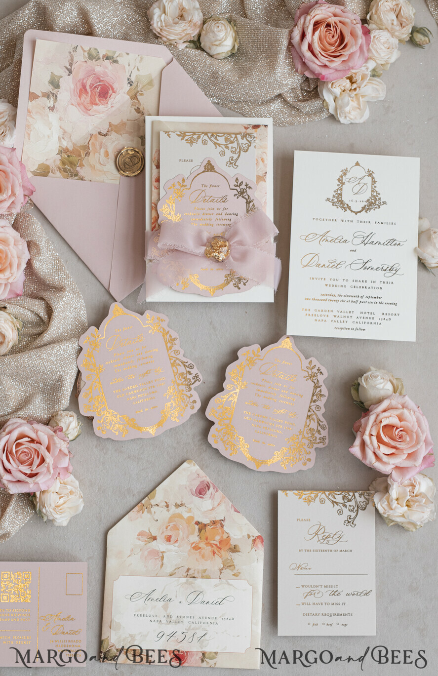 WEDDING INVITATIONS Vintage Baroque Vintage Baroque Wedding Invitation suite  Beige Golden Fine art Roses Wedding Invitations with rsvp Victorian wedding crest Chinoiserie Invites Royal Ornamental frame