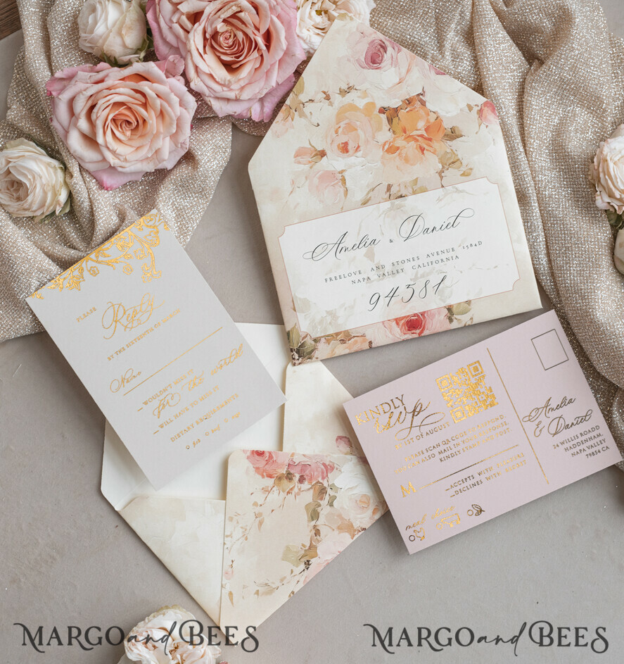 WEDDING INVITATIONS Vintage Baroque Vintage Baroque Wedding Invitation suite  Beige Golden Fine art Roses Wedding Invitations with rsvp Victorian wedding crest Chinoiserie Invites Royal Ornamental frame