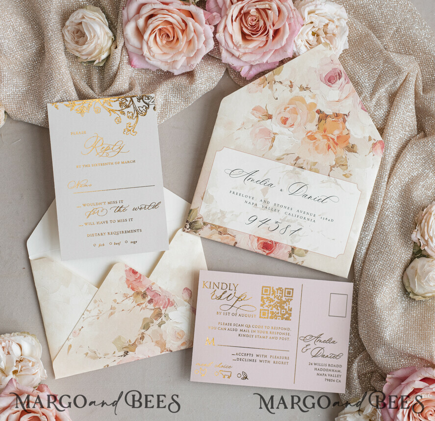 WEDDING INVITATIONS Vintage Baroque Vintage Baroque Wedding Invitation suite  Beige Golden Fine art Roses Wedding Invitations with rsvp Victorian wedding crest Chinoiserie Invites Royal Ornamental frame