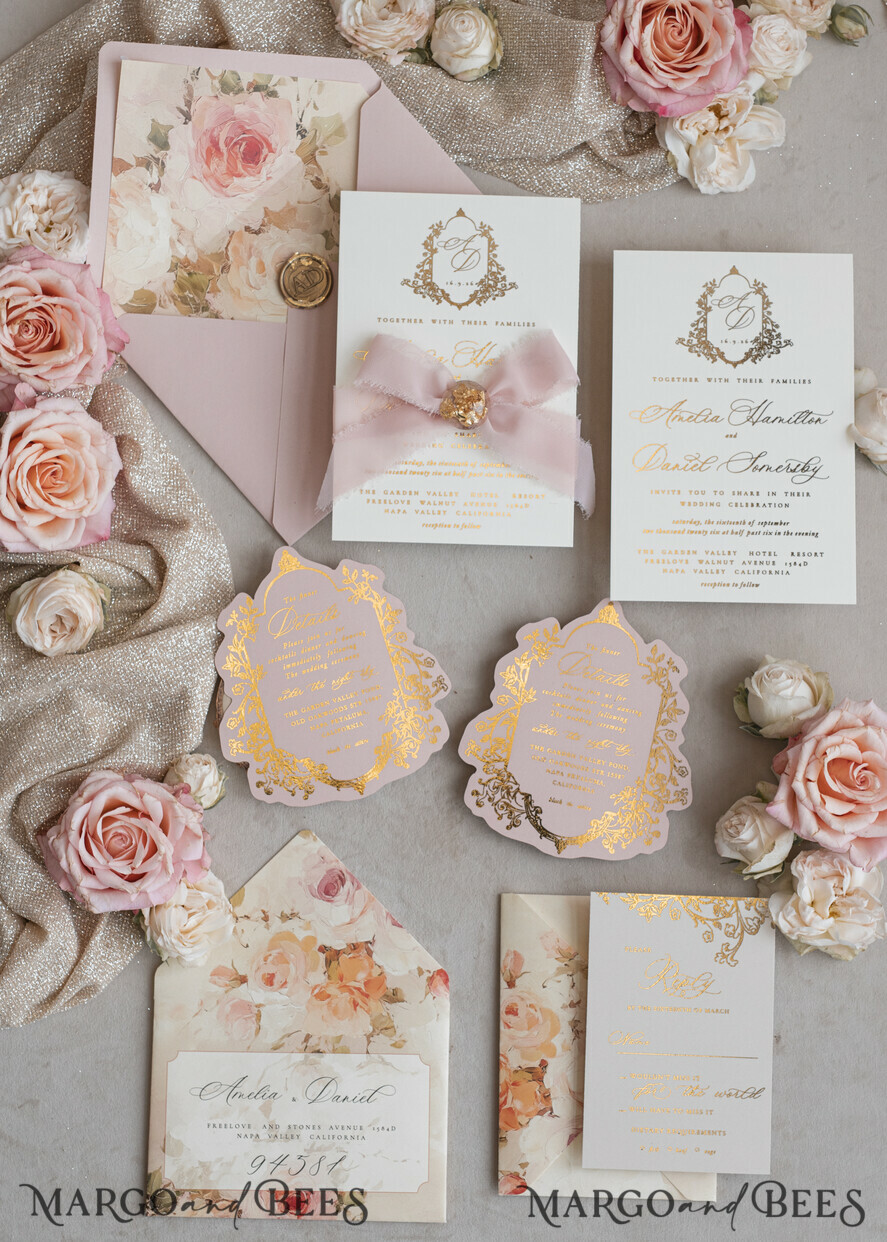 WEDDING INVITATIONS Vintage Baroque Vintage Baroque Wedding Invitation suite  Beige Golden Fine art Roses Wedding Invitations with rsvp Victorian wedding crest Chinoiserie Invites Royal Ornamental frame