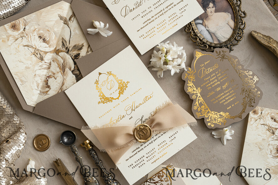 WEDDING INVITATIONS Vintage Baroque Vintage Baroque Wedding Invitation suite  Beige Golden Fine art Roses Wedding Invitations with rsvp Victorian wedding crest Chinoiserie Invites Royal Ornamental frame