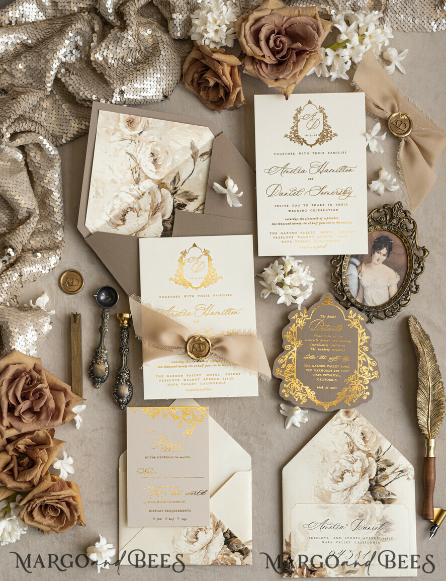 WEDDING INVITATIONS Vintage Baroque Vintage Baroque Wedding Invitation suite  Beige Golden Fine art Roses Wedding Invitations with rsvp Victorian wedding crest Chinoiserie Invites Royal Ornamental frame