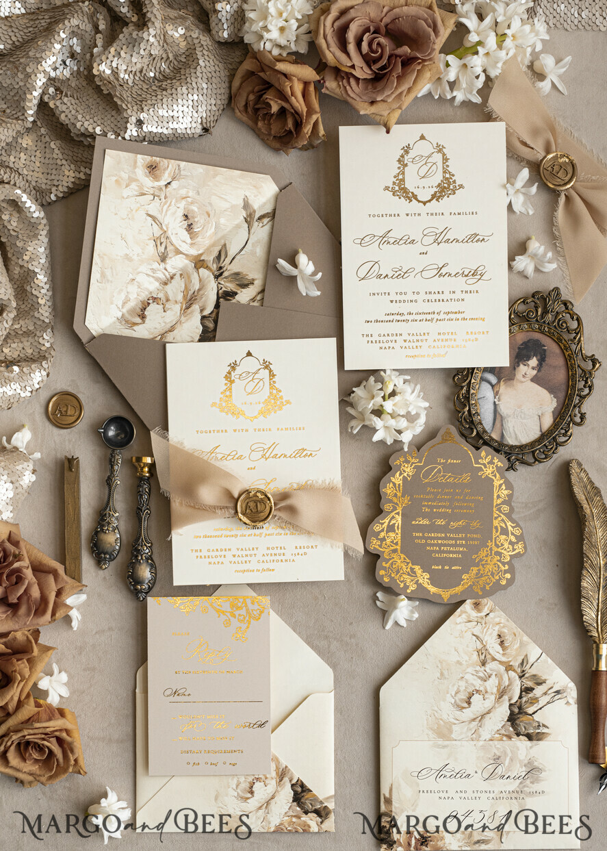 WEDDING INVITATIONS Vintage Baroque Vintage Baroque Wedding Invitation suite  Beige Golden Fine art Roses Wedding Invitations with rsvp Victorian wedding crest Chinoiserie Invites Royal Ornamental frame