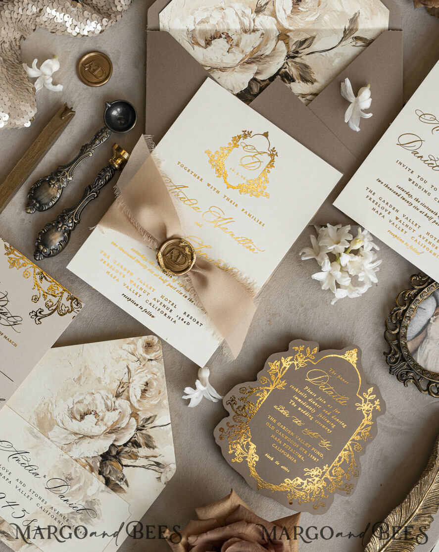WEDDING INVITATIONS Vintage Baroque Vintage Baroque Wedding Invitation suite  Beige Golden Fine art Roses Wedding Invitations with rsvp Victorian wedding crest Chinoiserie Invites Royal Ornamental frame