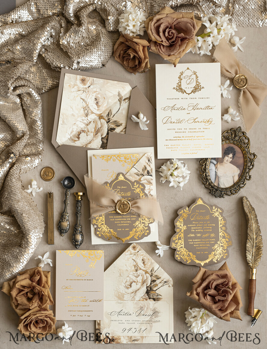 WEDDING INVITATIONS Vintage Baroque Vintage Baroque Wedding Invitation suite  Beige Golden Fine art Roses Wedding Invitations with rsvp Victorian wedding crest Chinoiserie Invites Royal Ornamental frame