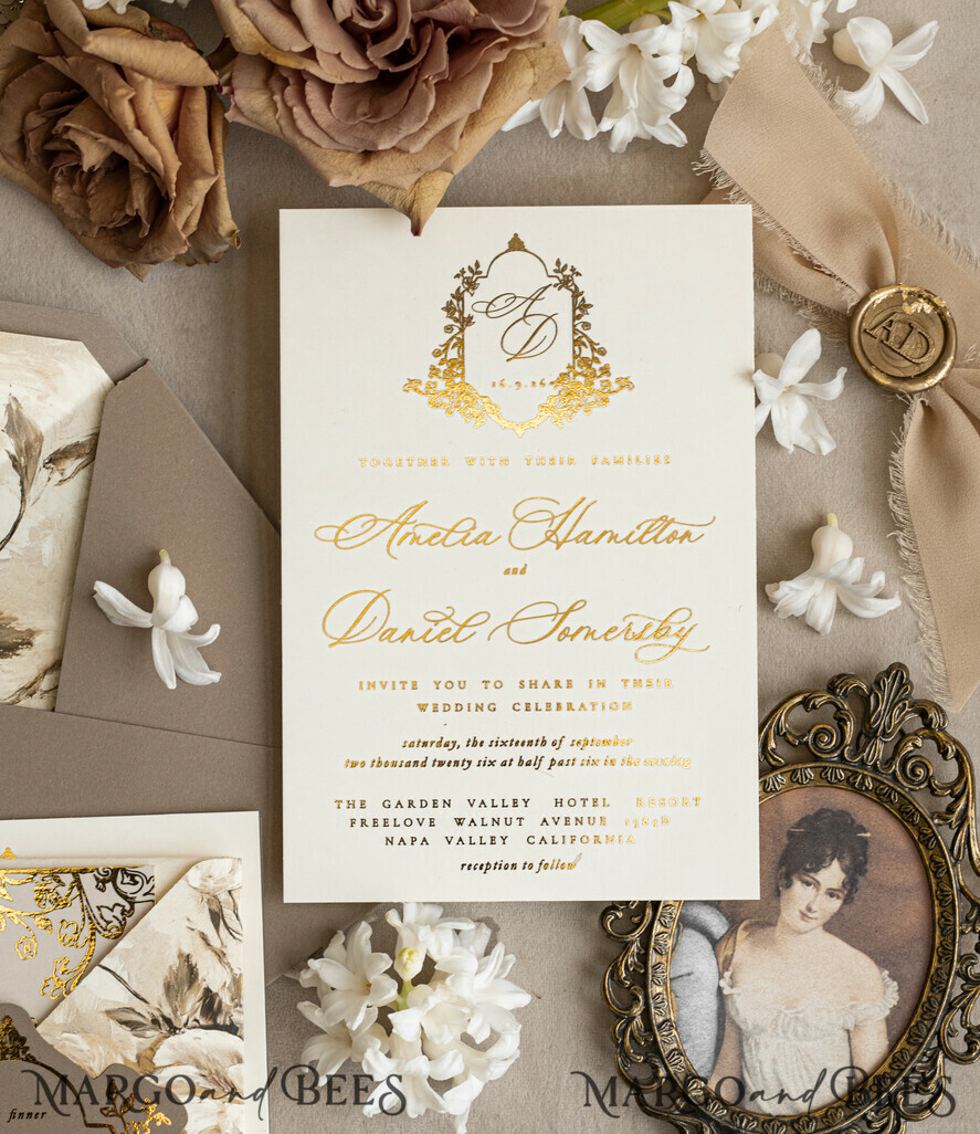WEDDING INVITATIONS Vintage Baroque Vintage Baroque Wedding Invitation suite  Beige Golden Fine art Roses Wedding Invitations with rsvp Victorian wedding crest Chinoiserie Invites Royal Ornamental frame