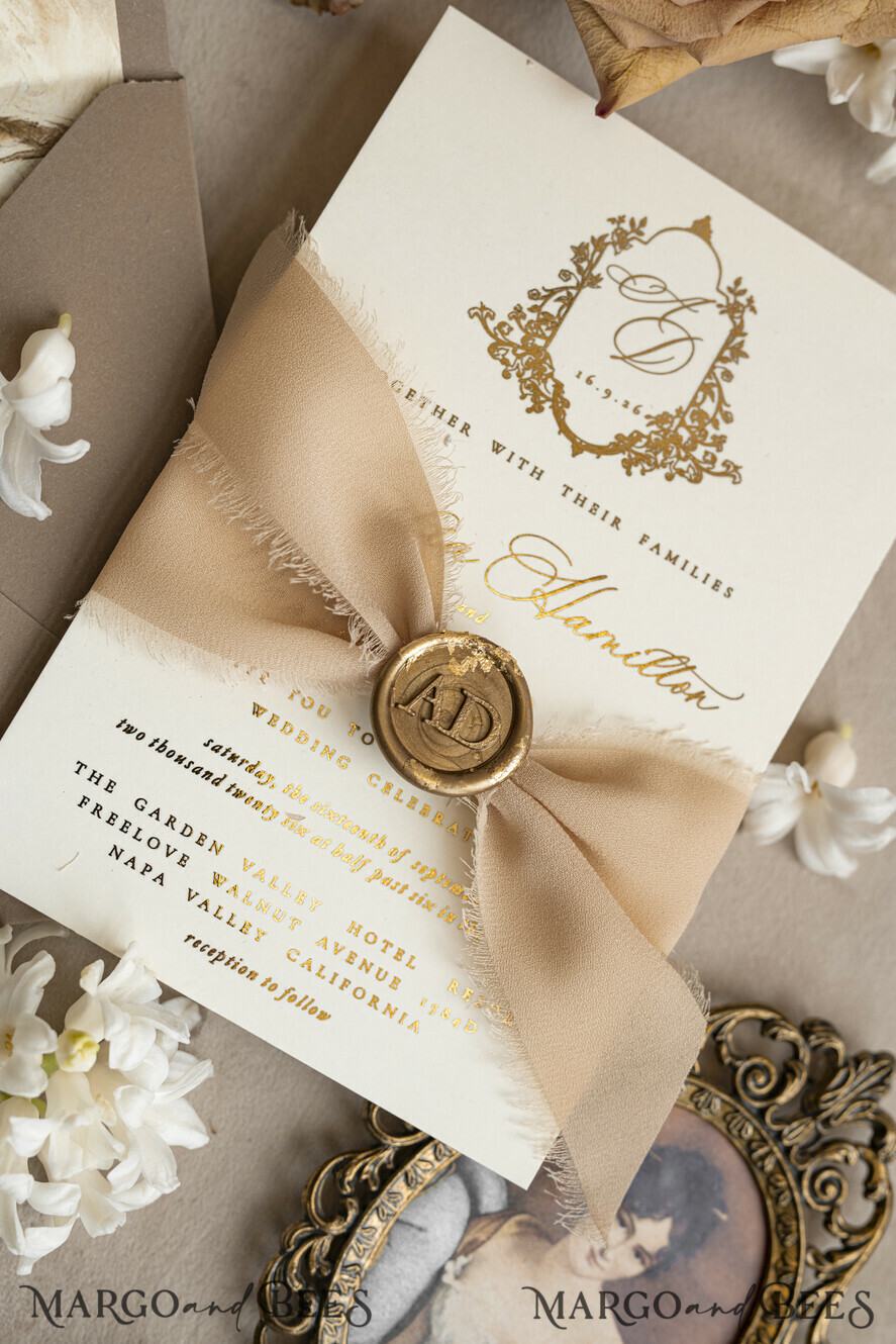 WEDDING INVITATIONS Vintage Baroque Vintage Baroque Wedding Invitation suite  Beige Golden Fine art Roses Wedding Invitations with rsvp Victorian wedding crest Chinoiserie Invites Royal Ornamental frame