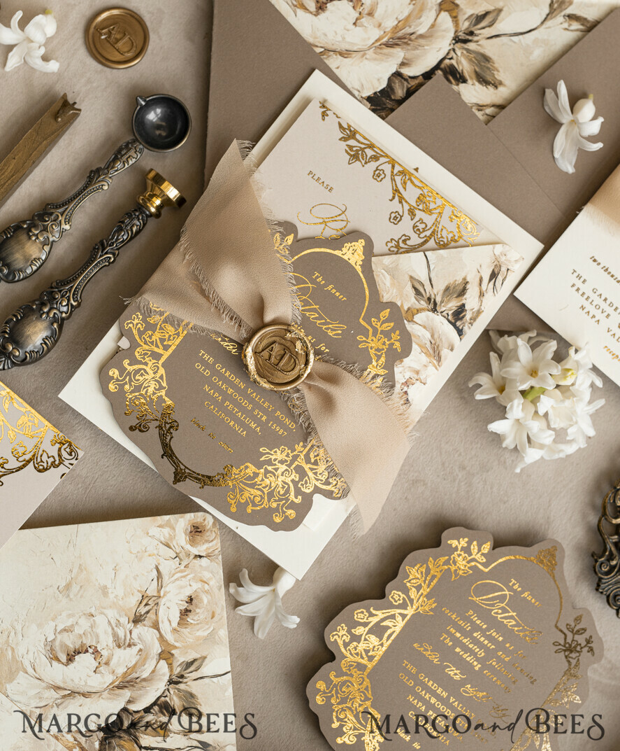 WEDDING INVITATIONS Vintage Baroque Vintage Baroque Wedding Invitation suite  Beige Golden Fine art Roses Wedding Invitations with rsvp Victorian wedding crest Chinoiserie Invites Royal Ornamental frame