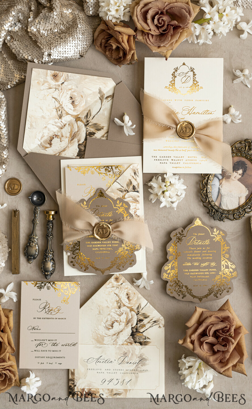WEDDING INVITATIONS Vintage Baroque Vintage Baroque Wedding Invitation suite  Beige Golden Fine art Roses Wedding Invitations with rsvp Victorian wedding crest Chinoiserie Invites Royal Ornamental frame